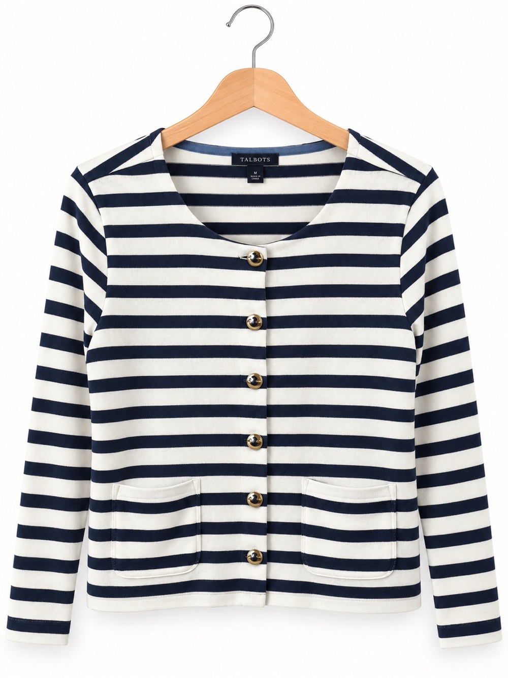 Talbots Navy White Striped Button Front Cardigan Small Gold Buttons Nautical